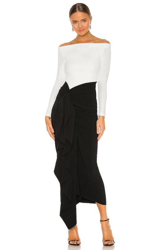 SOLACE LONDON LOTUS MIDI DRESS BLACK/CREAM SIZE XS / AU 6