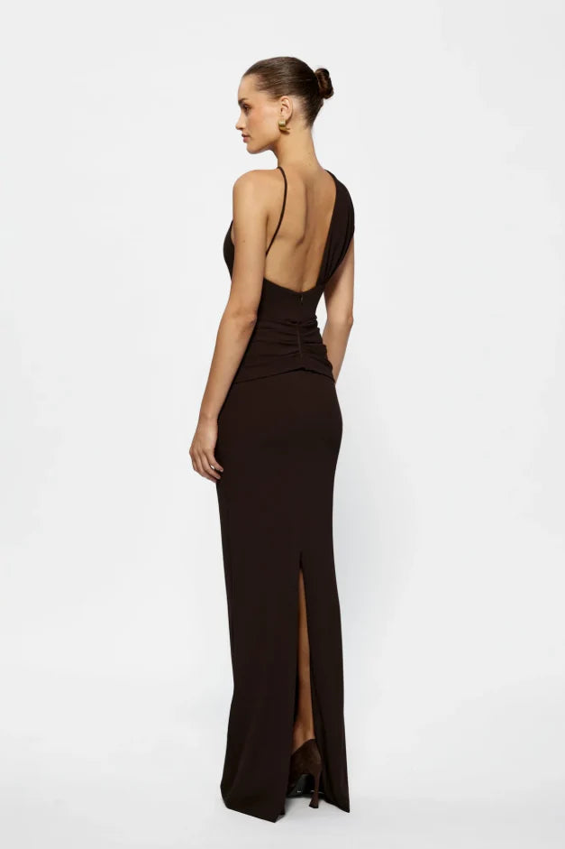 FFIE KATS GREER GOWN ASYM IN COFFEE CHOCOLATE BROWN IN SIZE 8