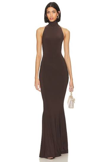 NORMA KAMALI HALTER TURTLE FISHTAIL GOWN CHOCOLATE SIZE AU 8