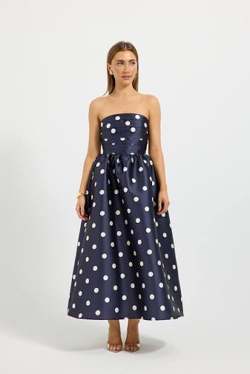 PASDUCHAS DOTTIE STRAPLESS MIDI - NAVY/CREAM SIZE 8
